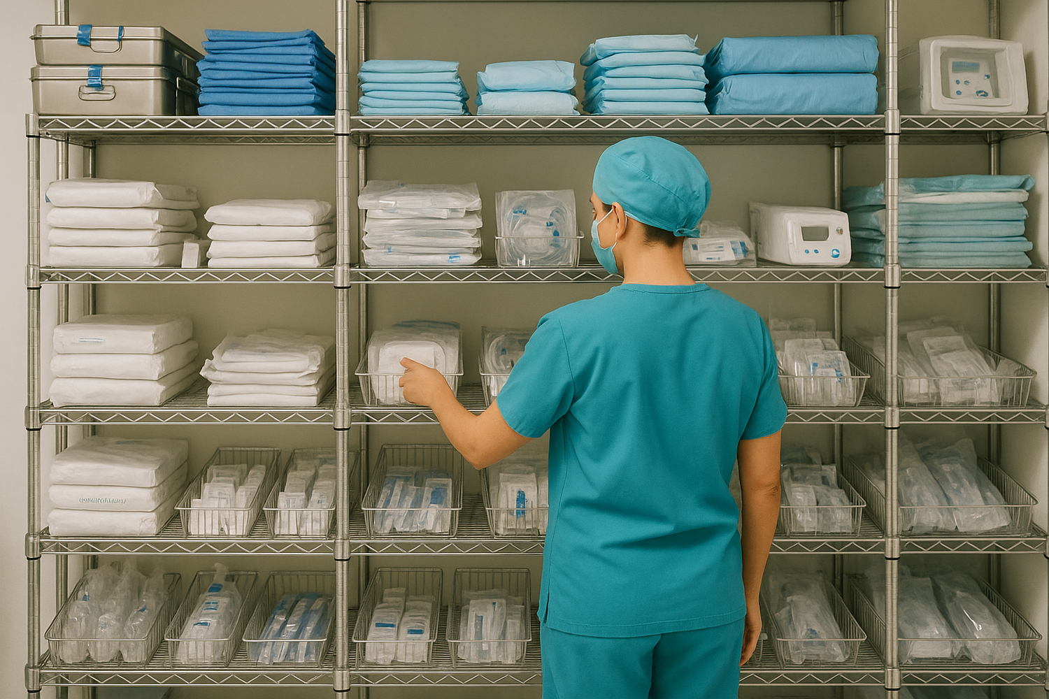 Medical staff member examining well-stocked surgical supply shelf